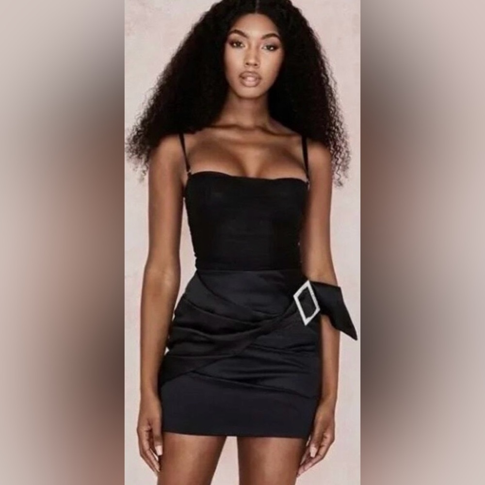 🔥House of CB Naima Black Satin Embellished Ruched Mini Skirt